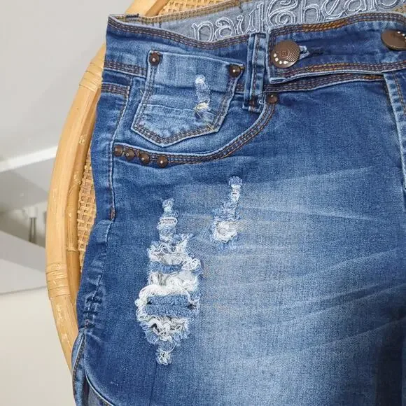 Crocker Embroidered Jean Shorts Women's EU 40 Studded Distressed Medium Blue - Picture 5 of 8